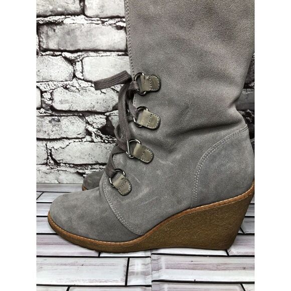Cole Haan Waterproof Gray Suede Shearling Wedge Comfort Winter Boots Women Sz 9B - Picture 12 of 16